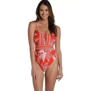 La Blanca Womens Size 4 Red Tropical Tummy Control One Piece Swimsuit NEW